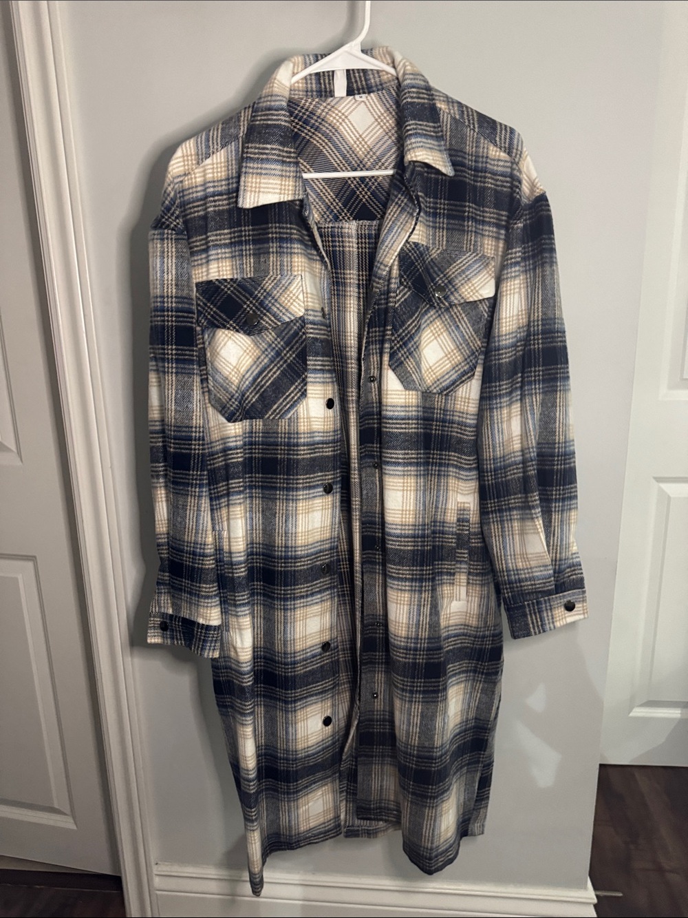 Long Plaid Shacket Coat - Navy, Cream & Tan
